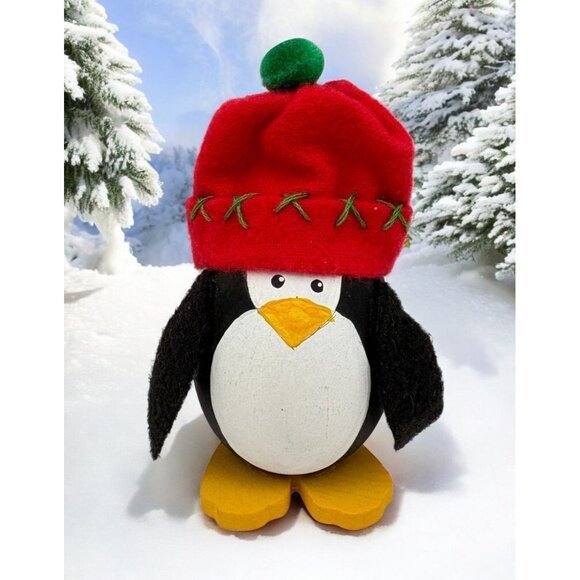 Handcrafted Wooden Penguin Christmas Figurine Festive Red Snow Hat Winter - Picture 1 of 7